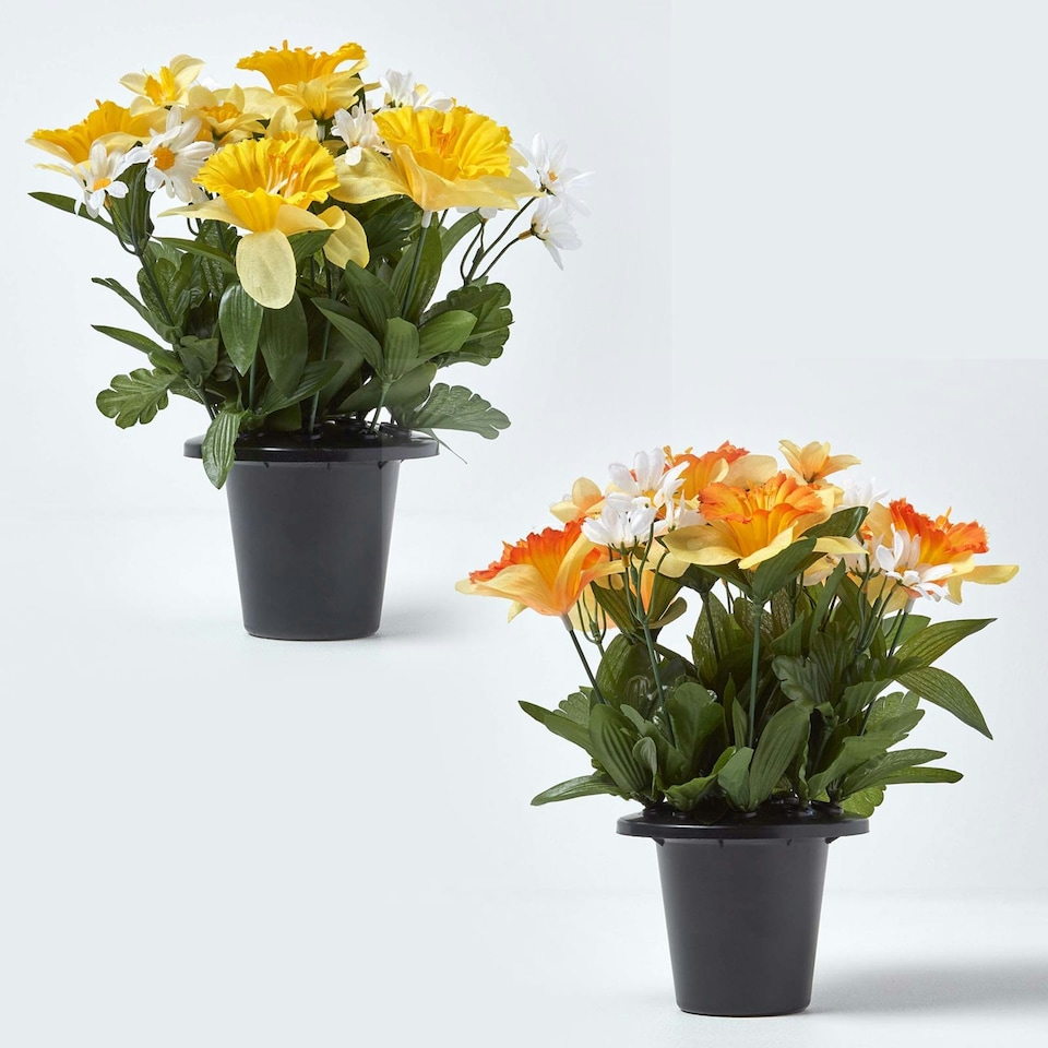 image 1 of Homescapes Set of 2 Yellow & Orange Narcissus & Daisy Artificial Flowers in Grave Vases