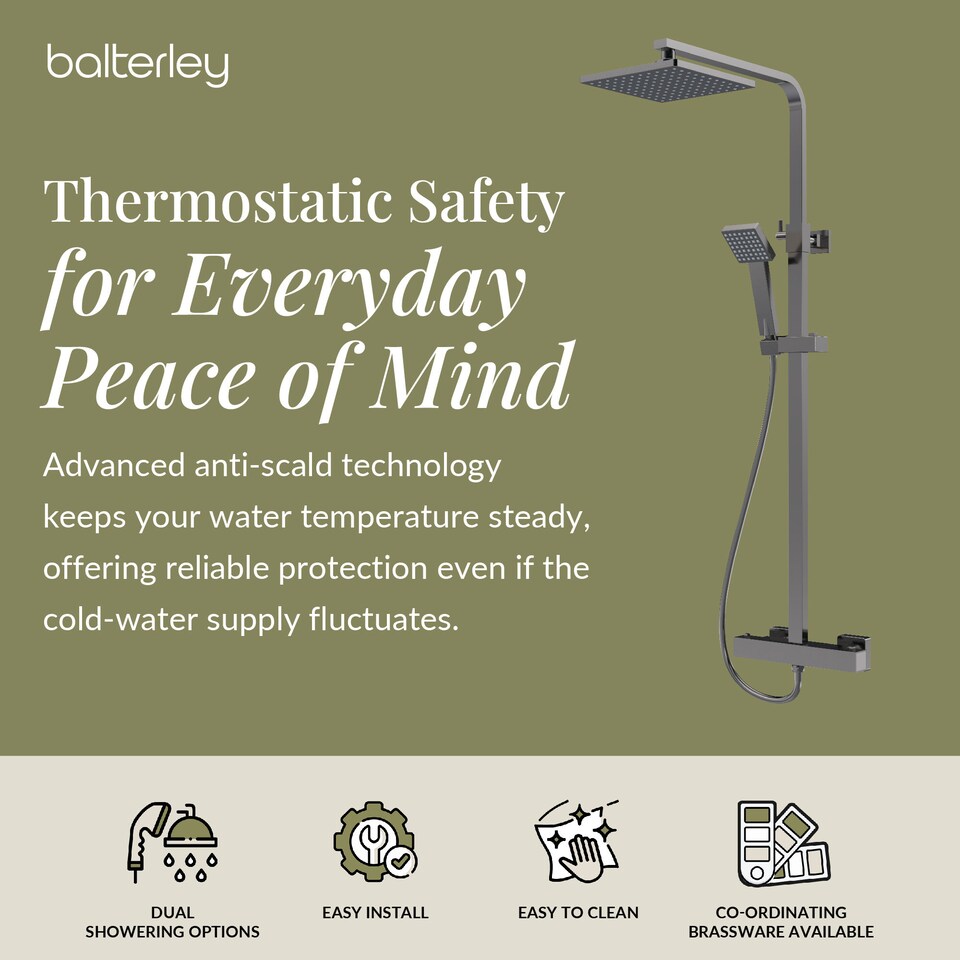 image 1 of Balterley Empire Square Thermostatic Shower Kit with Fixed Head and Adjustable Handset | Silver | Brushed Pewter | 1