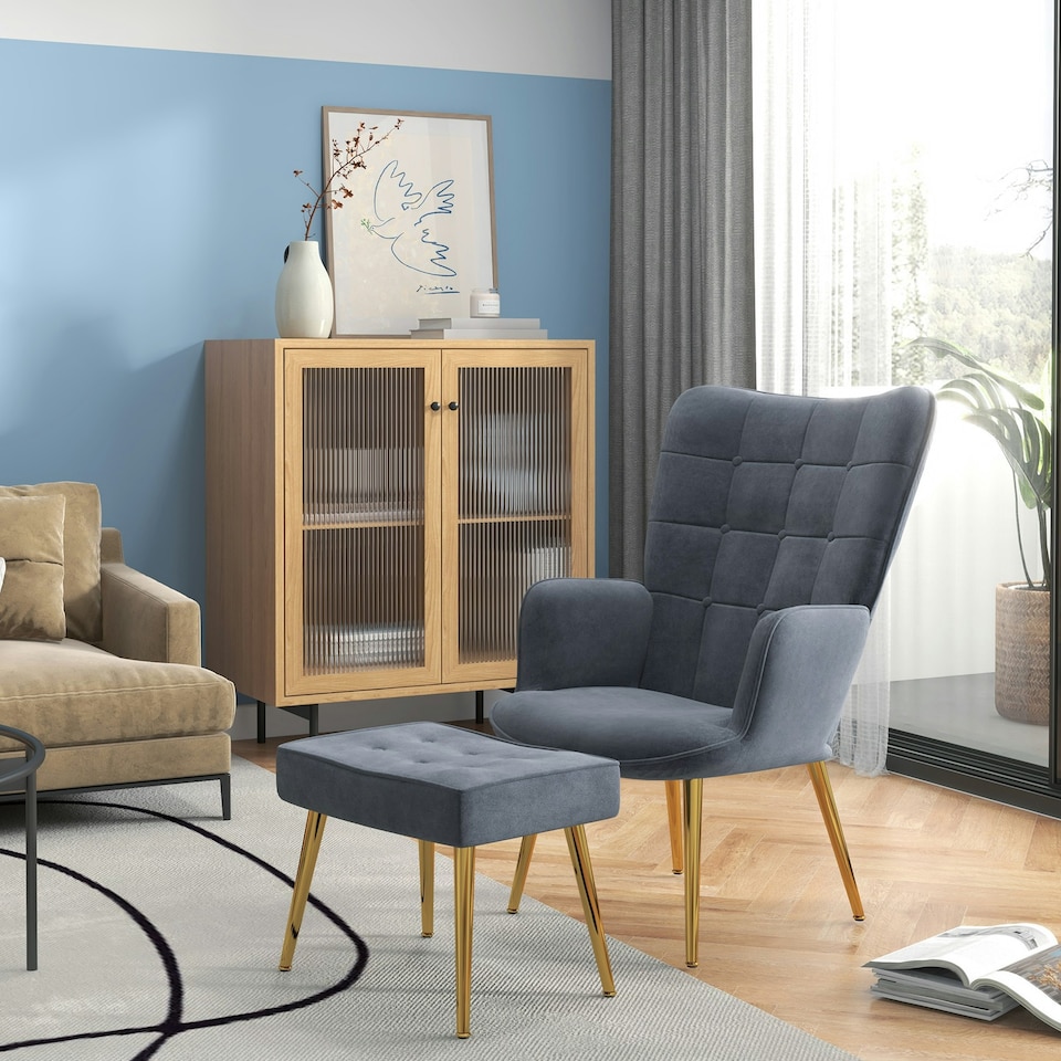 image 1 of HOMCOM Button Tufted Armchair with Footstool and Gold Tone Steel Legs Dark Grey