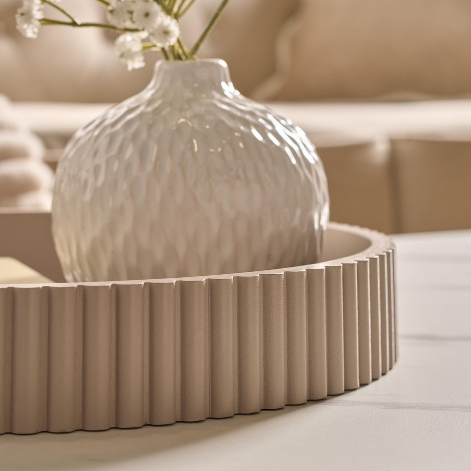 image 1 of OHS Ribbed Round Decorative Tray Table Organiser Countertop Storage | Grey | Natural