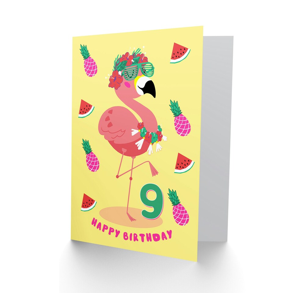 image 1 of Flamingo Fruit Fun Cartoon Age 9 Year Old Child Kids 9th Birthday Card