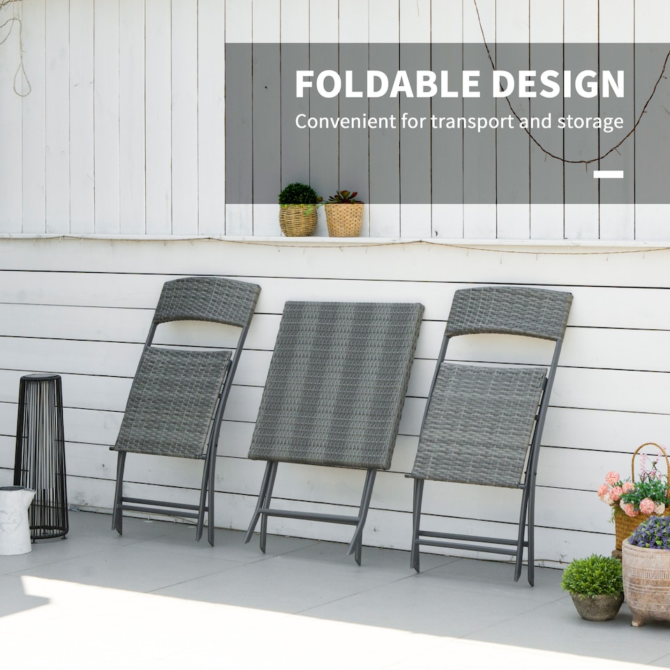image 1 of Outsunny 3 Pieces Folding Rattan Bistro Set, Garden Furniture Bistro Set with Folding Garden Table and Chairs, Wicker Balcony Furniture for Outdoor, Patio, Porch, Grey