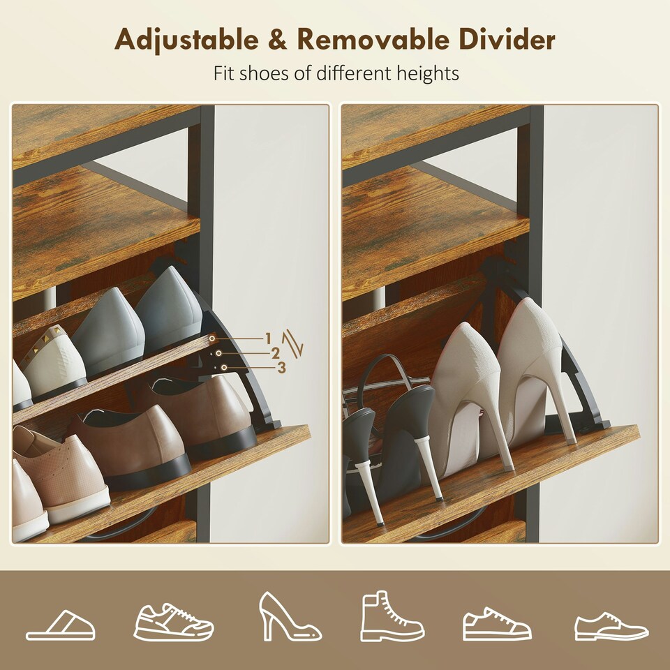 image 1 of HOMCOM Shoe Cabinet with 4 Flip Drawers, Holds 12-20 Pairs Brown | 98W x 24D x 95H cm