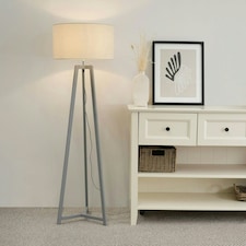 ValueLights Lottie Grey Wood Tripod Floor Lamp with Natural Fabric Drum Shade