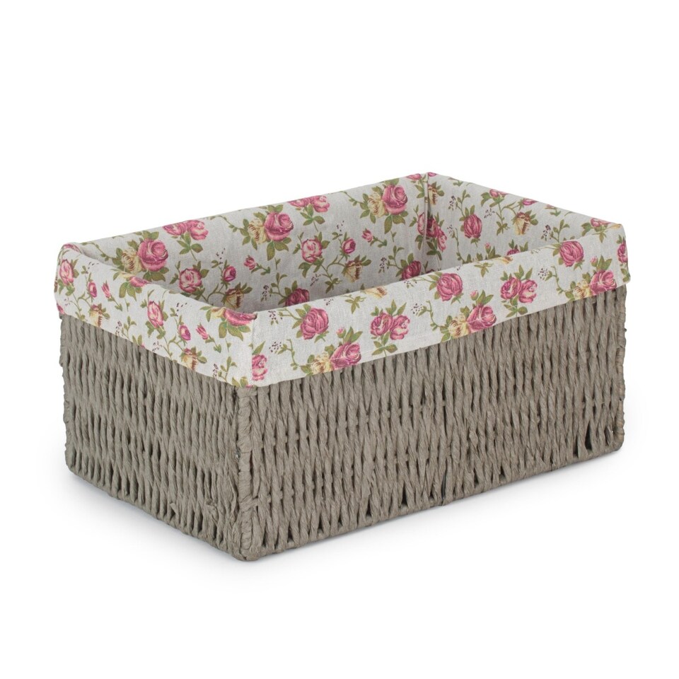 image 1 of Small Paper Rope Storage Basket with Garden Rose Cotton Lining | Grey | Grey | S