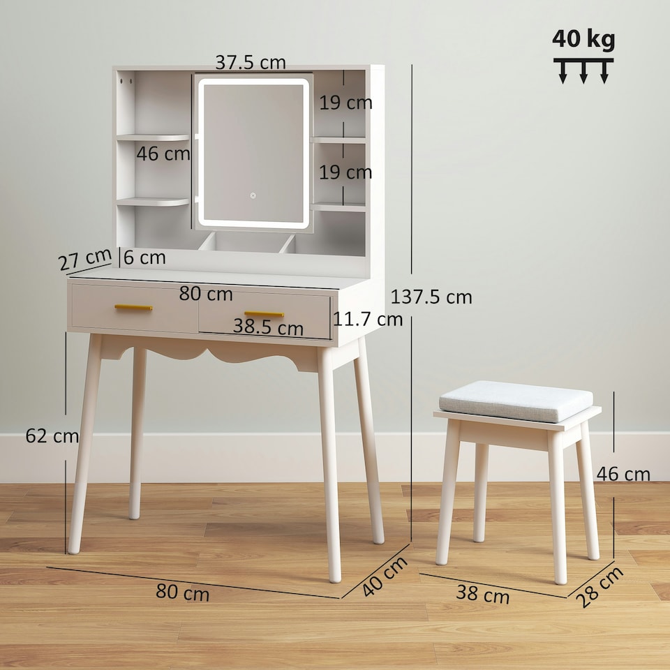 image 1 of HOMCOM Dressing Table with LED Lighted Mirror and Cushioned Stool White | White | Gold | 80W x 40D x 137.5H cm