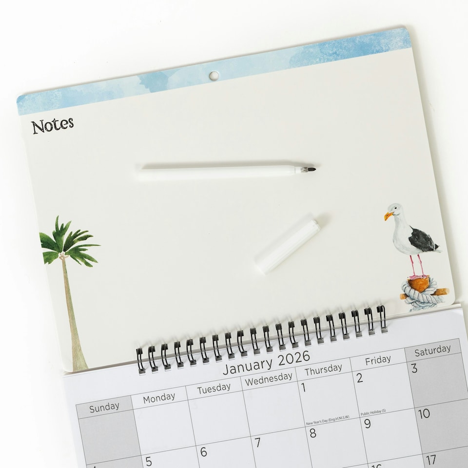 image 1 of 2026 Monthly Memo Board Calendar & Pen Seaside Design
