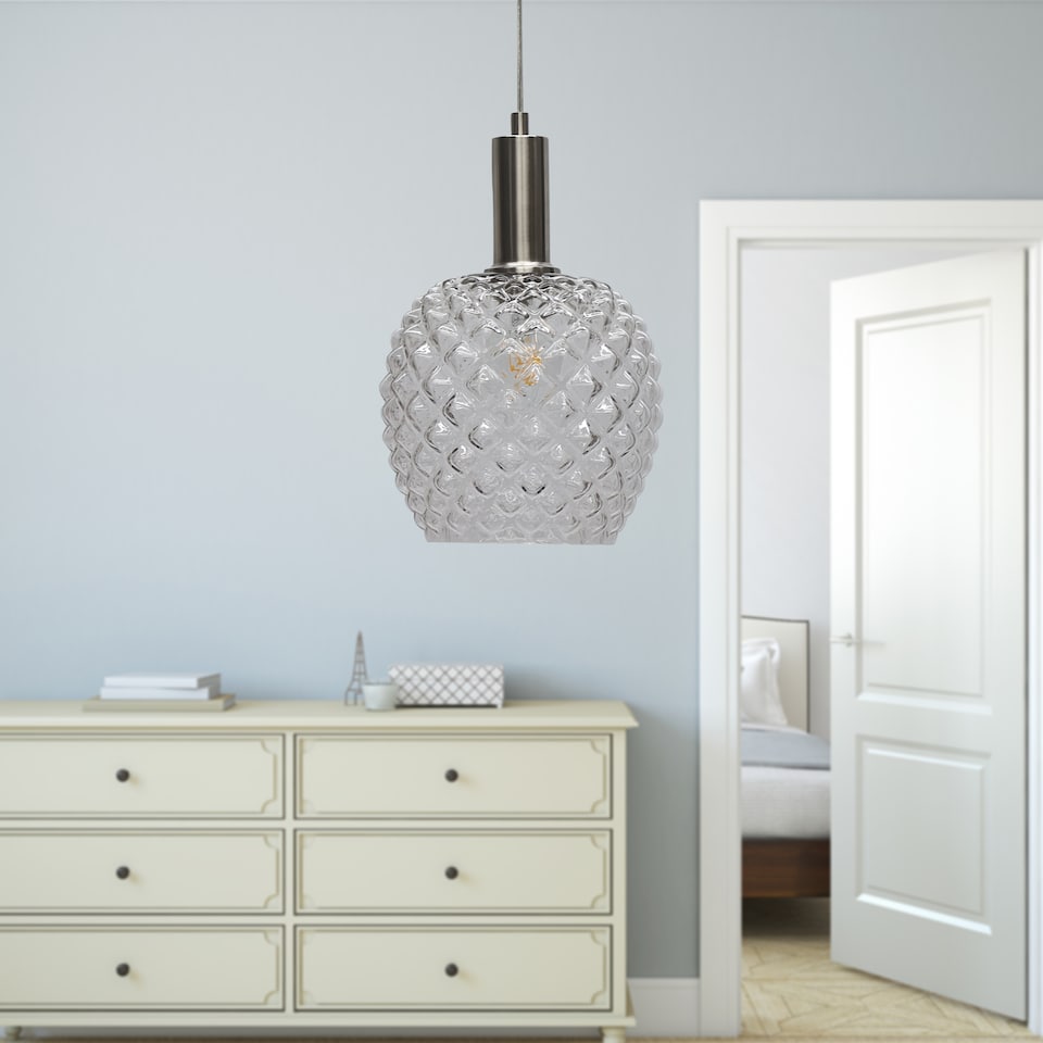 image 1 of Set of 2 Baine - Clear Textured Glass Satin Nickel Deco Pendants