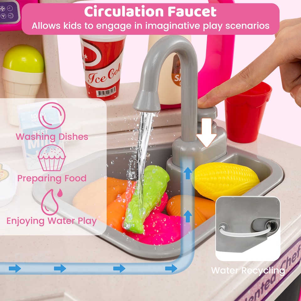 image 1 of COSTWAY Kids Kitchen Playset Corner Play Kitchen with Realistic Sounds-Pink