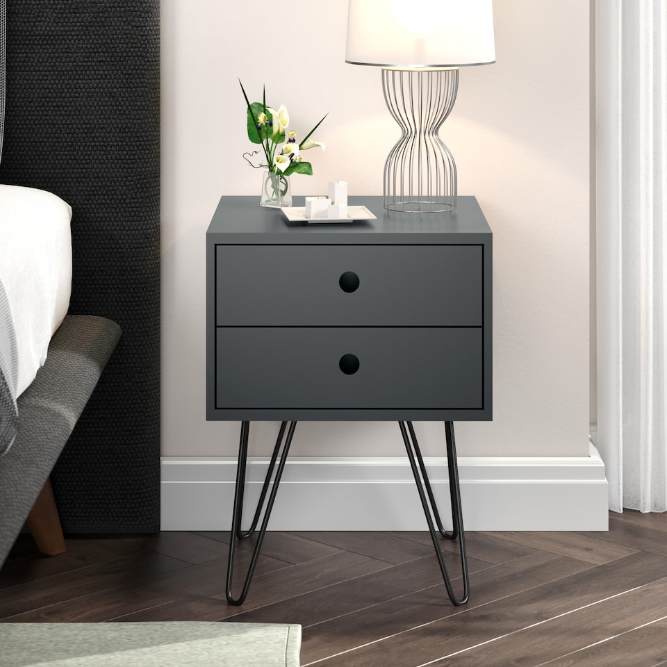 image 1 of Options Telford 2 Drawer Bedside Cabinet - Contemporary Painted Nightstand with Metal Hairpin Legs | Blue | Blue | One Size | 1