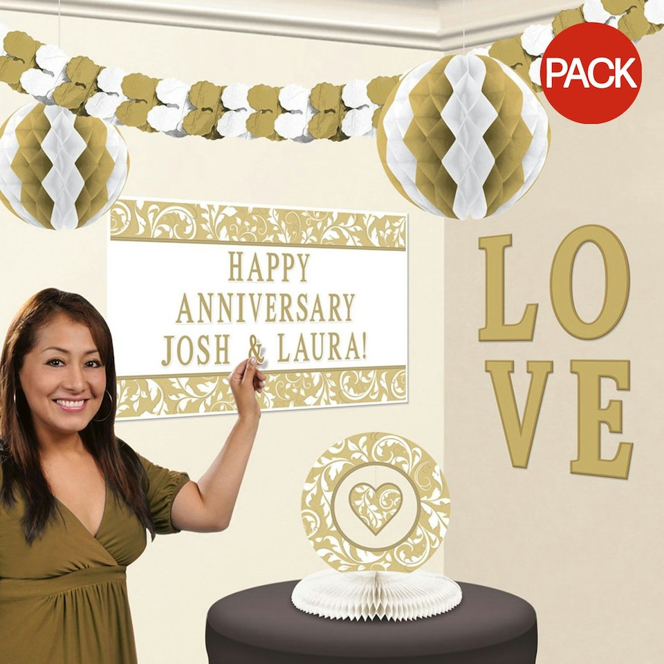 Amscan Personalised Golden (50th) Wedding Anniversary Room Decoration Kit (Pack of 10) - Golden/White - One Size
