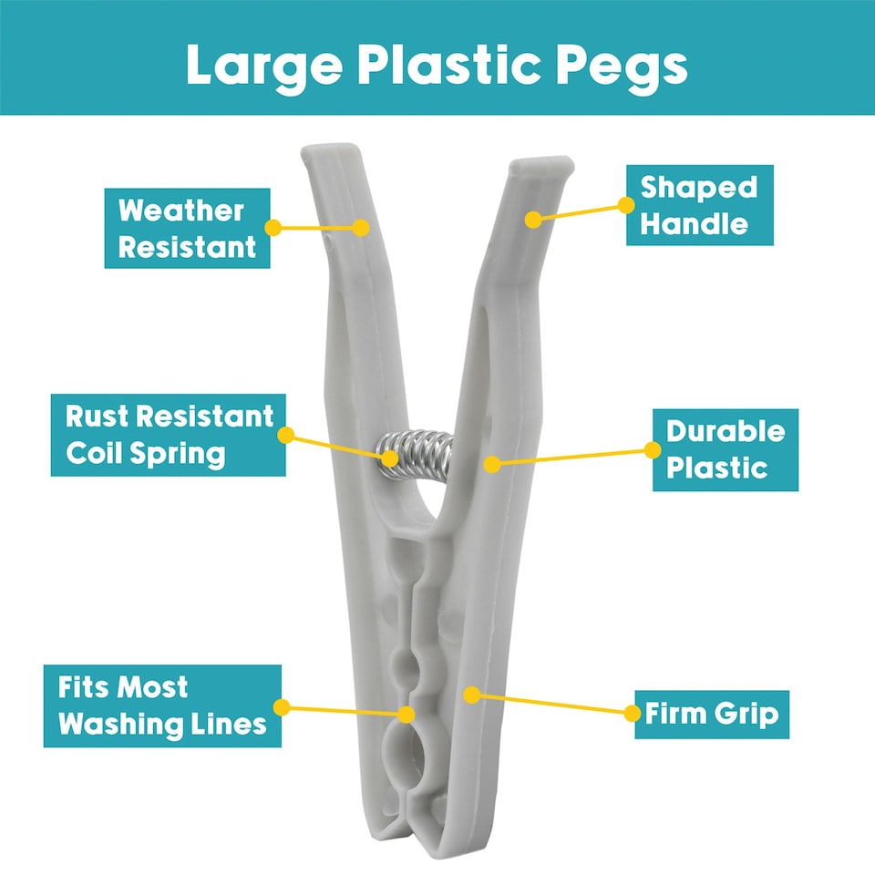 image 1 of JVL Plastic Peg Basket, Grey with 48 Large Ultra Strong Plastic Pegs, Aqua