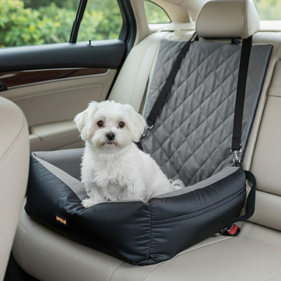 image 1 of Skylos Dog Booster Car Seat Travel Carrier Plush Bed Basket Portable Pet Grey