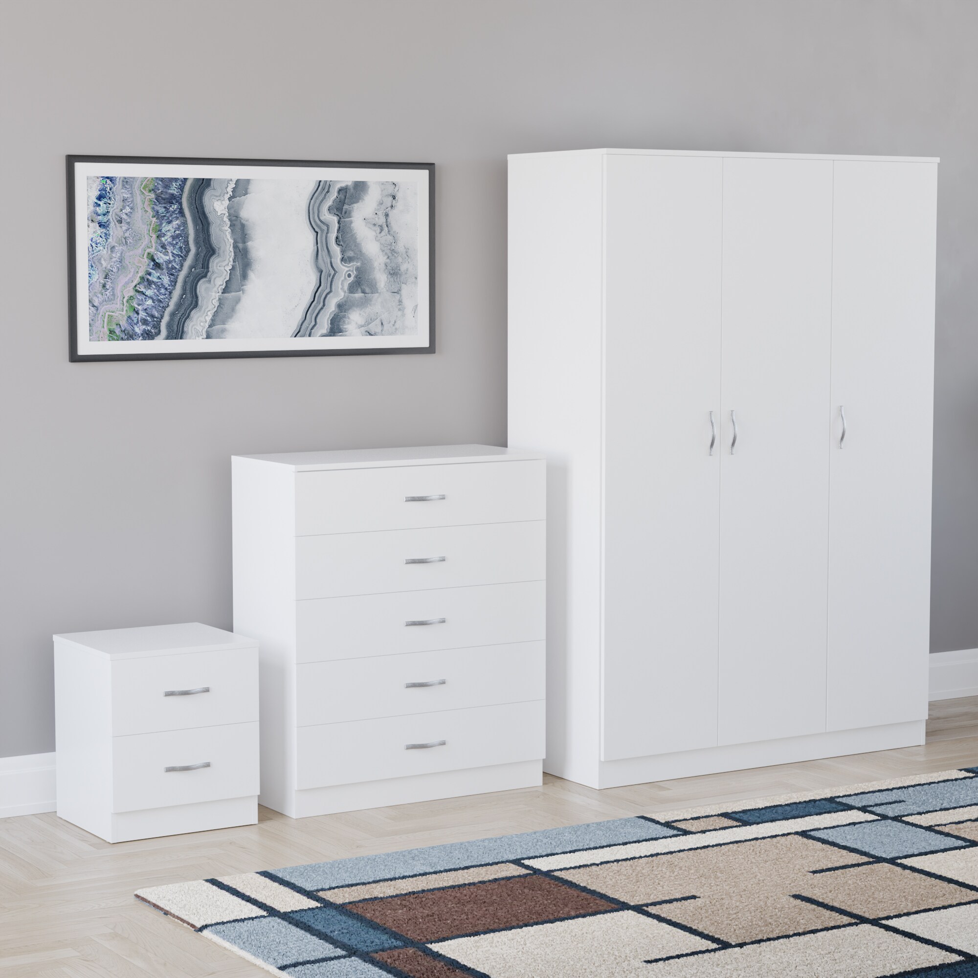 Vida Designs Riano 3 Piece Bedroom Set (2 Drawer Bedside Chest, 5 Drawer Chest, 3 Door Wardrobe) - White