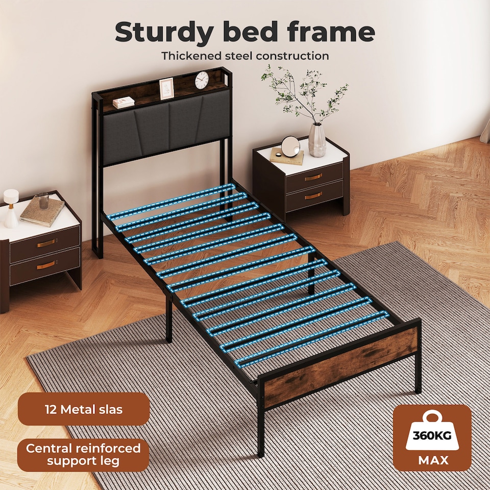 image 1 of Levede Heavy Duty Single Bed Frame Metal Platform with Storage Headboard 3FT | Brown | Single | Single