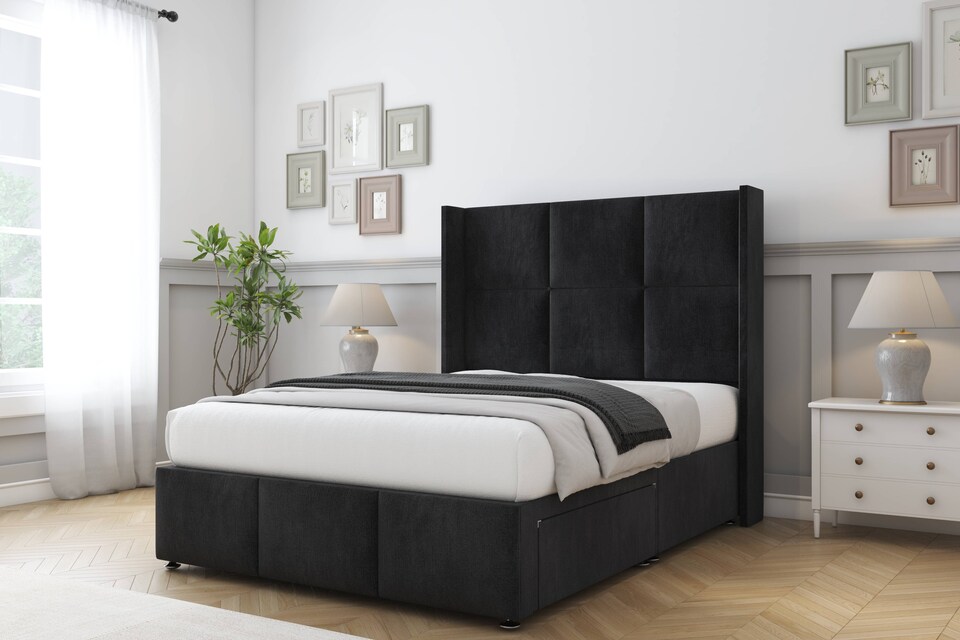 image 1 of Sloomy Beaumont Black Naples Divan Bed With Mattress 2 Drawers Footend With 54" Wingback Headboard & 12" Matching Footboard 4' Small Double | Black | Black | Small Double | 1