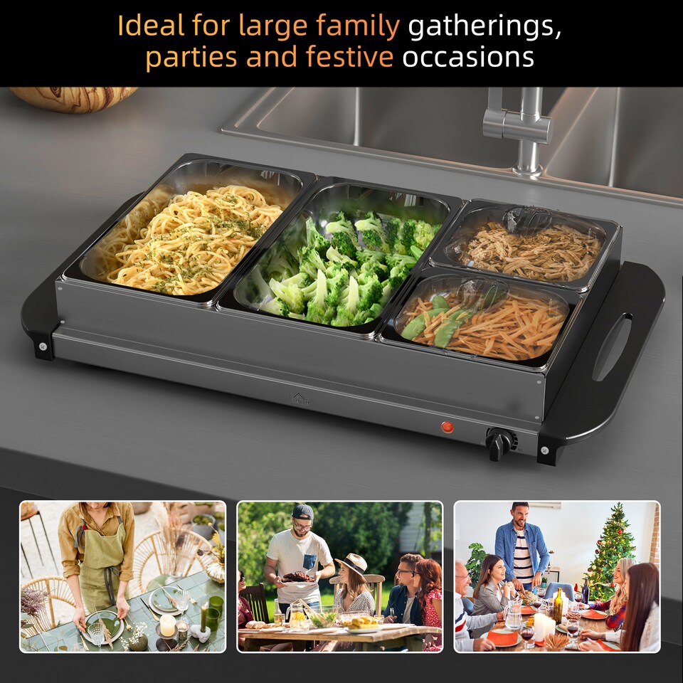 image 1 of HOMCOM 4 Tray Electric Food Warmer Buffet Server with Warming Plate, Cool Touch Handles, Adjustable Temperature, 300W, 2 x 2.4L and 2 x 1L Pans