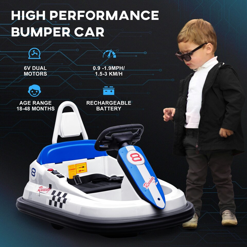 image 1 of HOMCOM 6V Kids Bumper Car, 360° Rotation Waltz Car w/ 2 Speeds - White