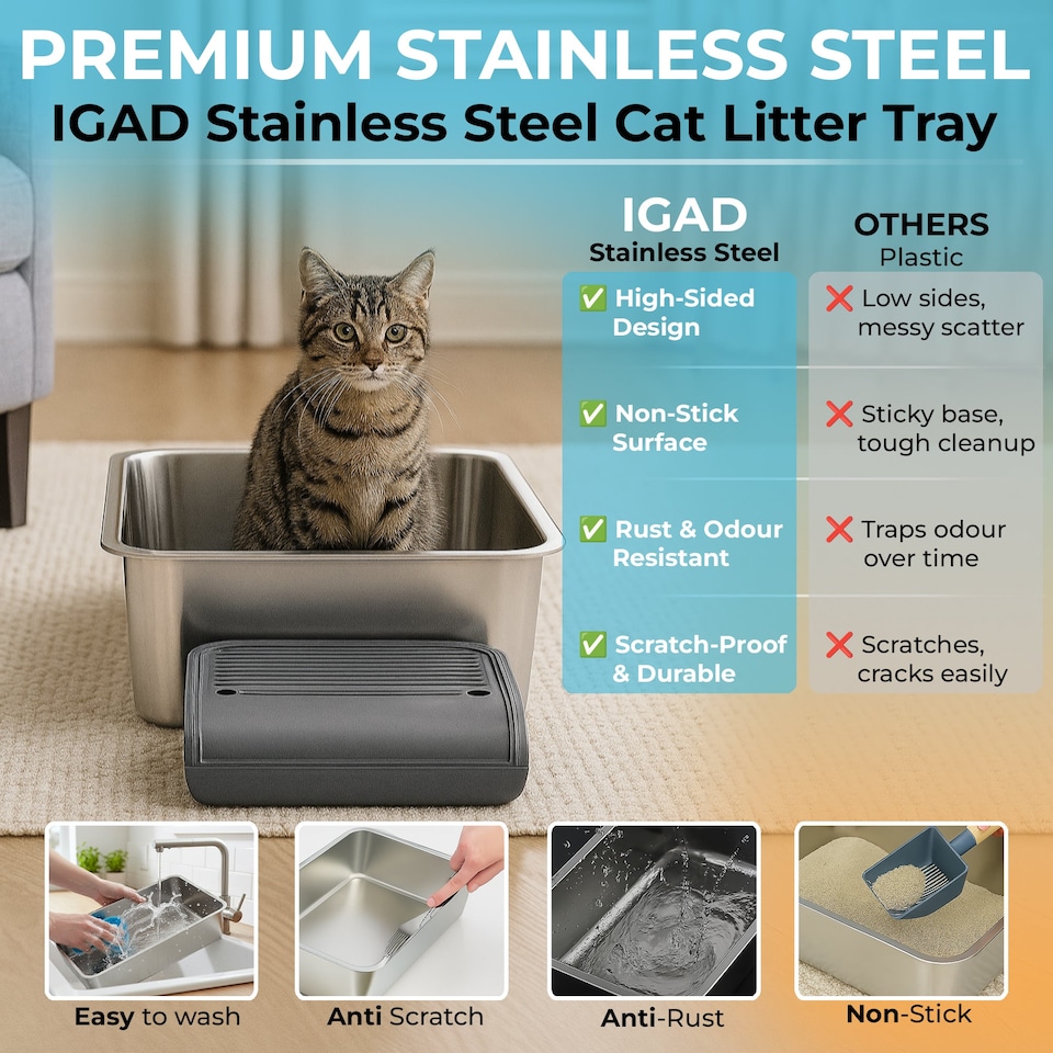 image 1 of IGAD XXL Stainless Steel Cat Litter Box – High Sides, Non-Stick, Easy Clean, Odour Control, Removable Lid & Scoop (Grey)