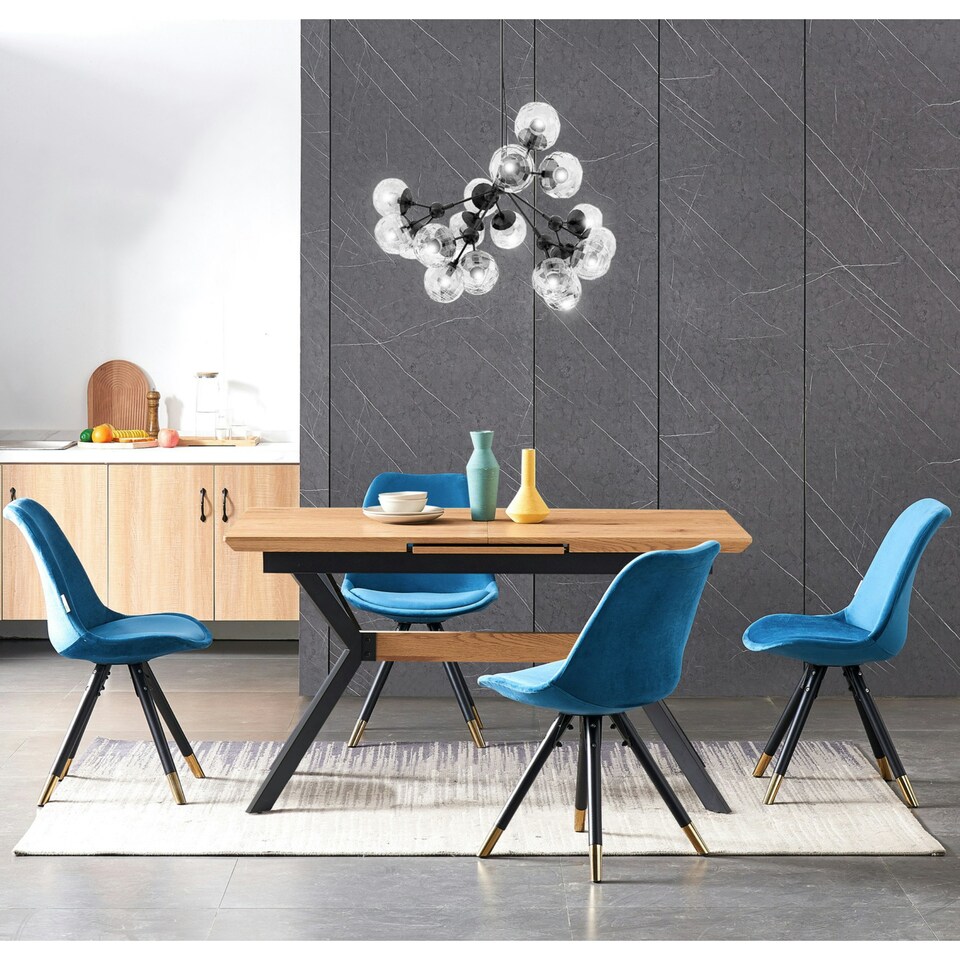 image 1 of Set of 2 Sofia Ergonomic Modern Dining Chairs Upholstered in Velvet, Metal Legs with Gold End Tips Blue