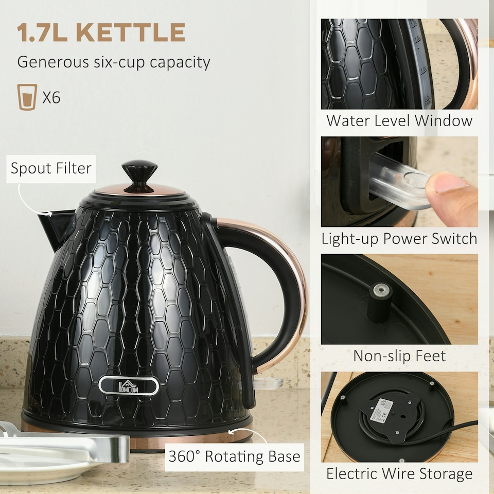 image 1 of HOMCOM 1.7L Kettle and Toaster Set with Defrost Reheat and Crumb Tray Black