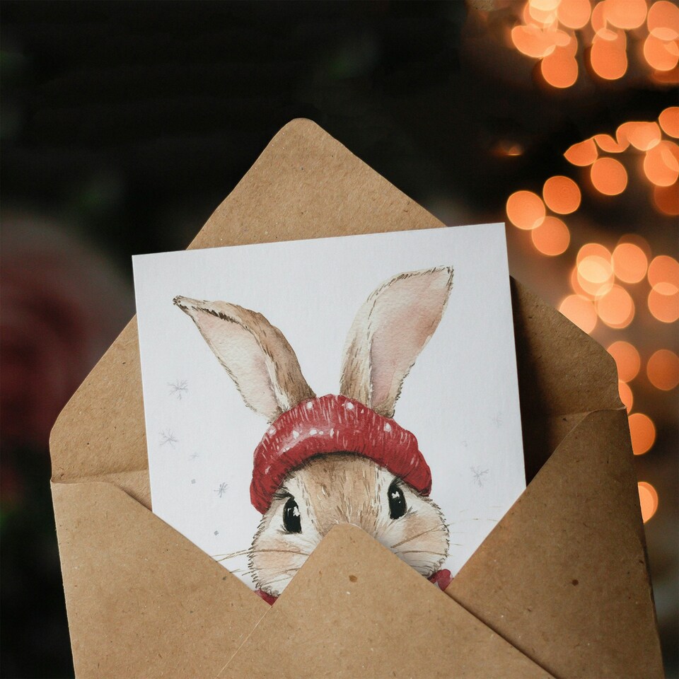 image 1 of Cute Bunny Rabbit Red Winter Hat Scarf For Child Kids Xmas Festive Christmas Card