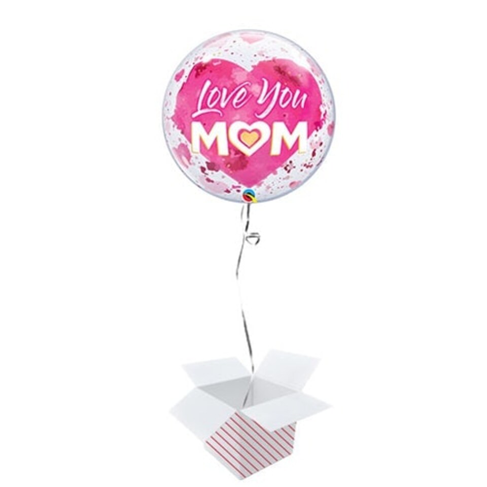 Love You Mom Heart Pink Bubble Helium Qualatex Balloon - Inflated Balloon in a Box