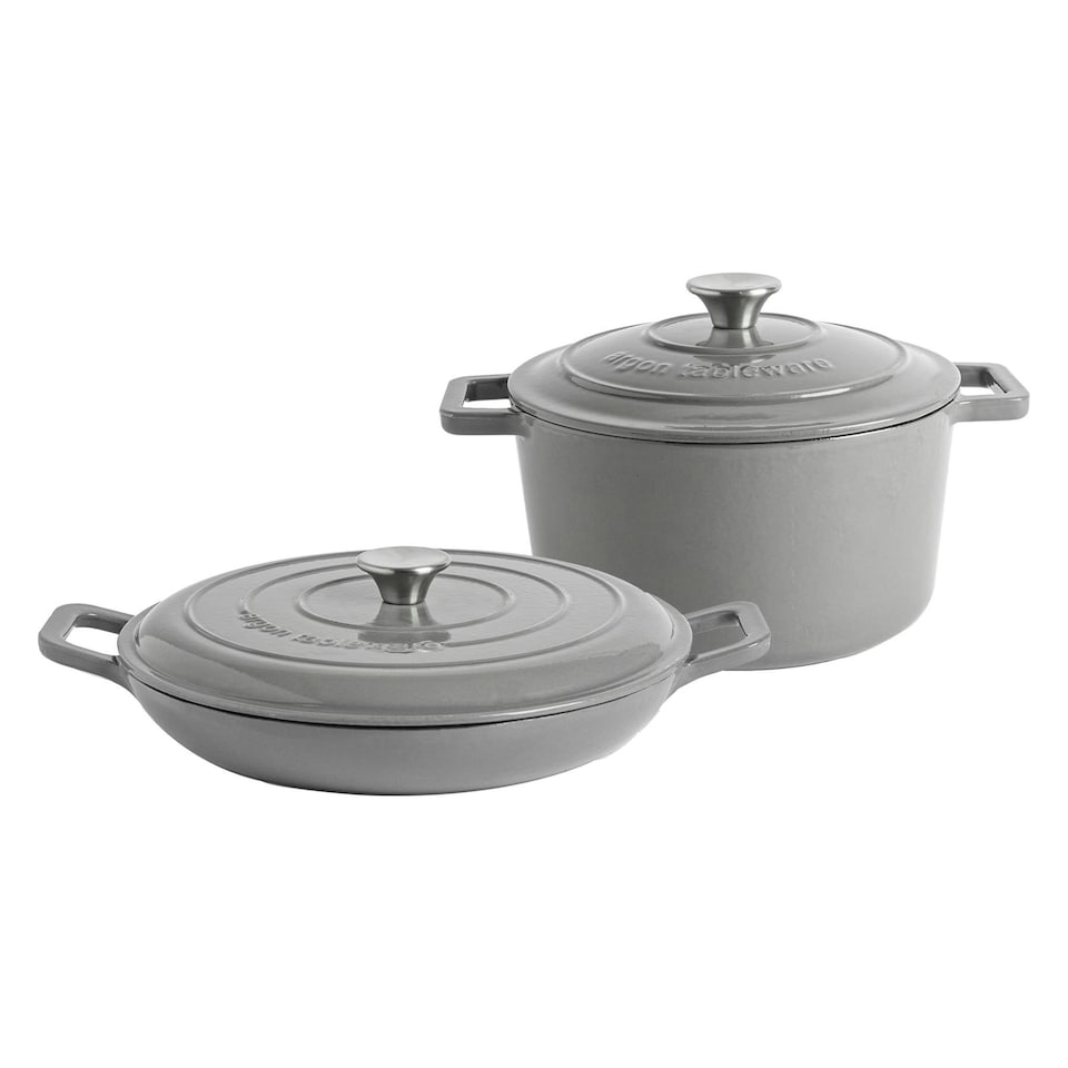 image 1 of Argon Tableware 2 Piece Cast Iron Casserole Dish Set - Hob to Oven - 2 Sizes - Slate Grey Grey