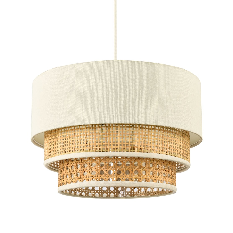 image 1 of Contemporary Triple Tier Cream Linen and Natural Rattan Pendant Shade | Brown | Brown | 1