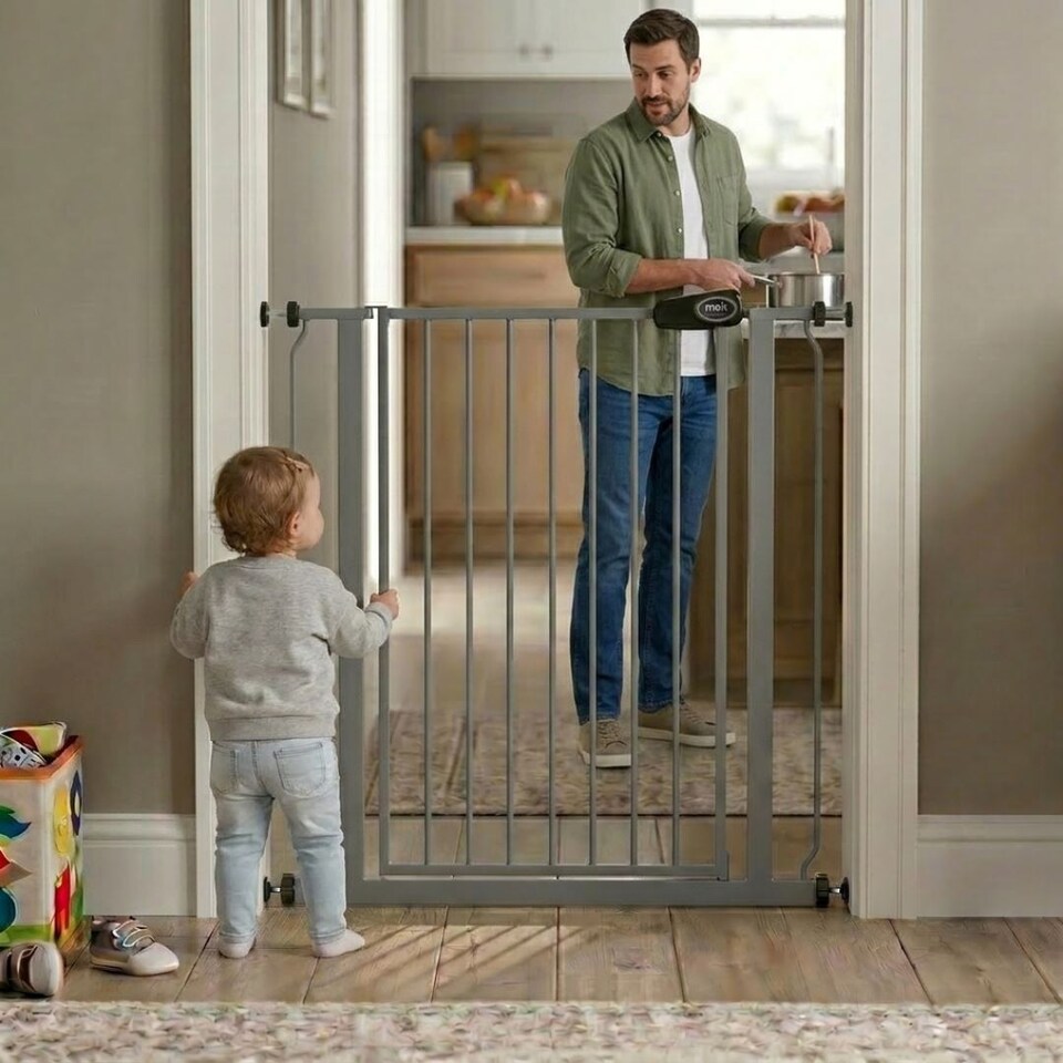 image 1 of Safetots Extra Tall Metal Safety Gate Pressure Fit, 107.4cm - 115cm, Slate Grey, 104cm in Height, Extra Tall Stair Gate, Tall Baby Gate, Easy Installation
