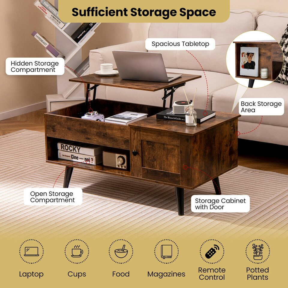 image 1 of COSTWAY Lift Top Coffee Table w/Hidden Compartment Brown Brown