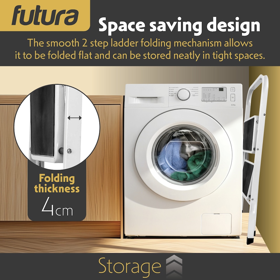 image 1 of Futura 2 Step Ladder White, Heavy-Duty Steel Folding Home DIY Step Stool with Wide Non-Slip Steps & Anti Slip Feet 150kg Capacity