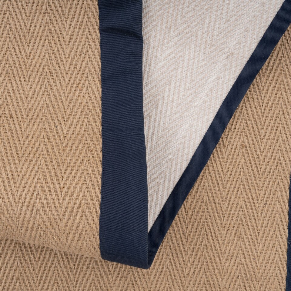 image 1 of KUKOON Natural Golden Beige Jute Micro Woven Herringbone Pattern Cotton Border Area Rug 80cm x 150cm