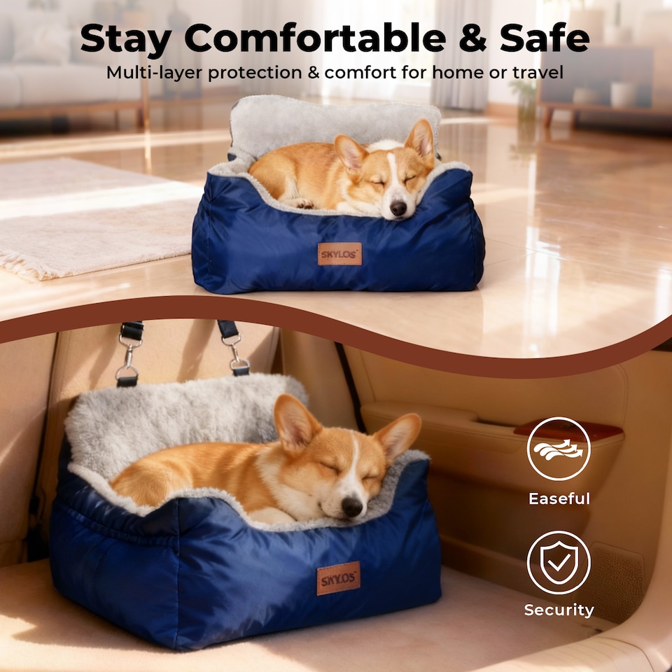 image 1 of Skylos Dog Car Seat Bed Pet Booster Travel Carrier with Safety Leash | Blue | Blue | 1