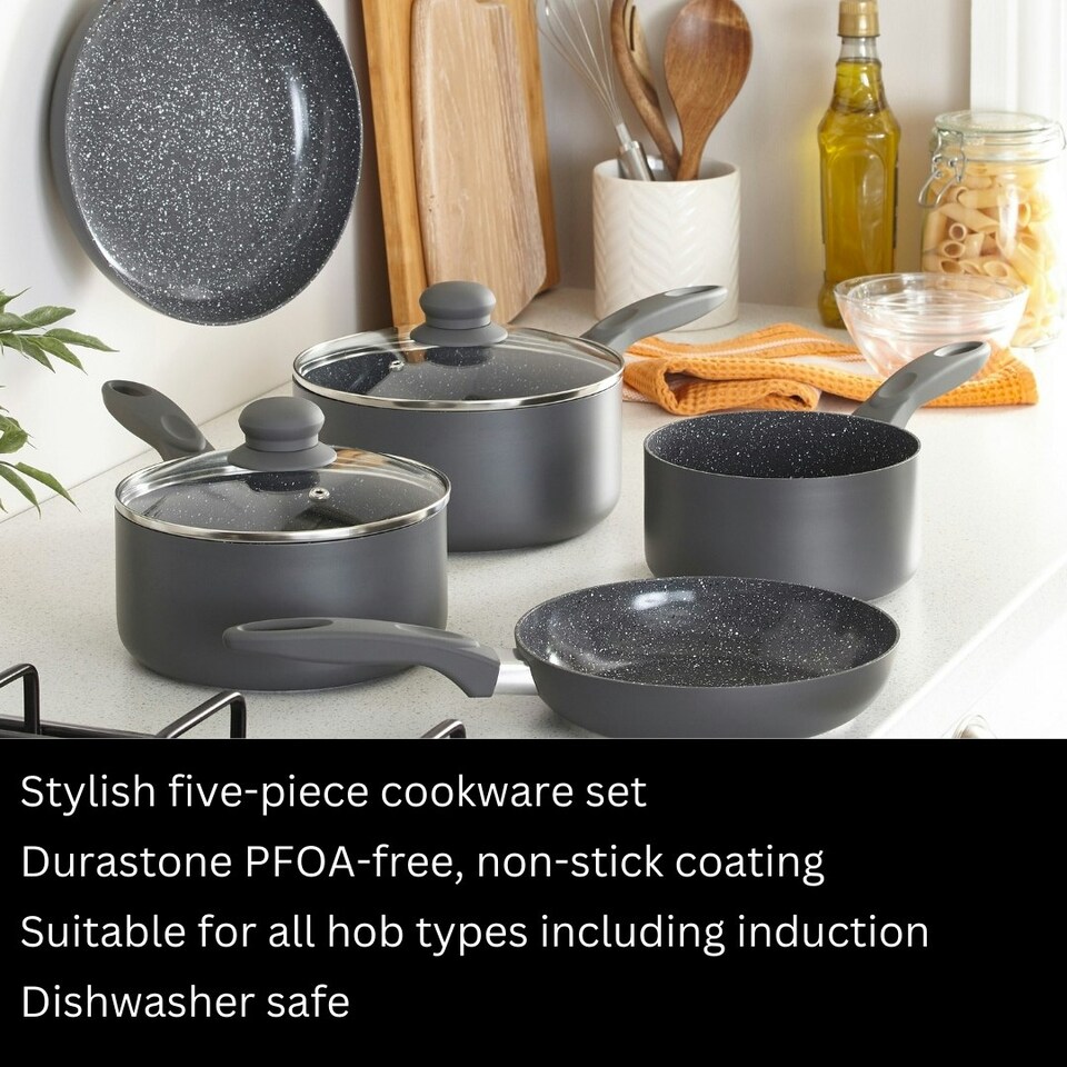 image 1 of Durastone 5 Piece Grey Non-Stick Cookware Set - Aluminium Pots & Frying Pans