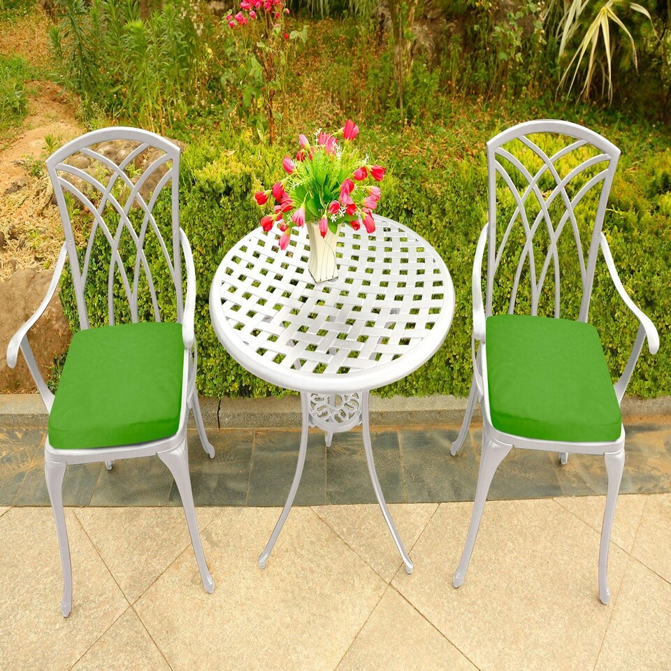 image 1 of Centurion Supports OSHOWA Luxurious Garden and Patio Table and 2 Large Chairs with Armrests Cast Aluminium Bistro Set - White with Green Cushions