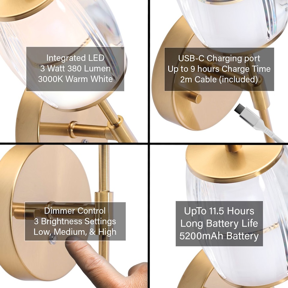 image 1 of Satin Gold Wireless Rechargeable Touch Dimmer Wall Light with Clear Glass Shade | Gold | Gold | 1