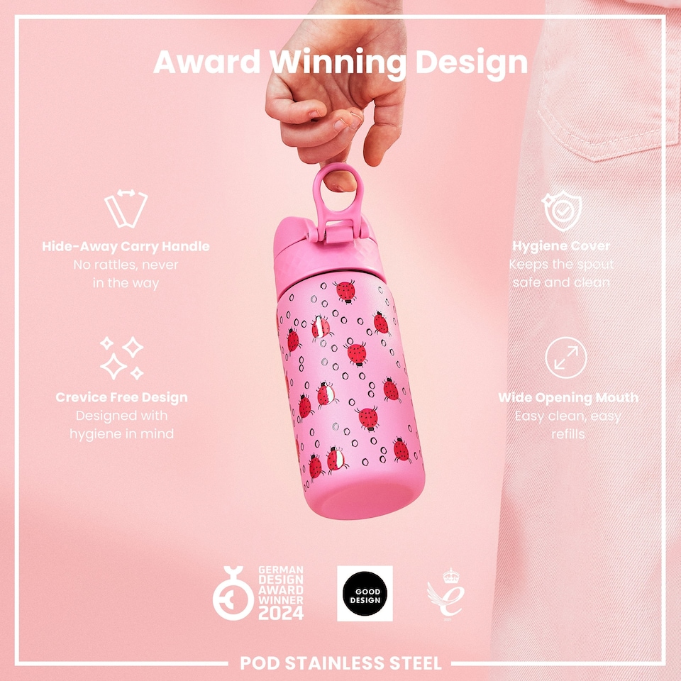 image 1 of Leak Proof Water Bottle, Vacuum Insulated, 320ml (11oz) | Pink | Ladybug | One Size
