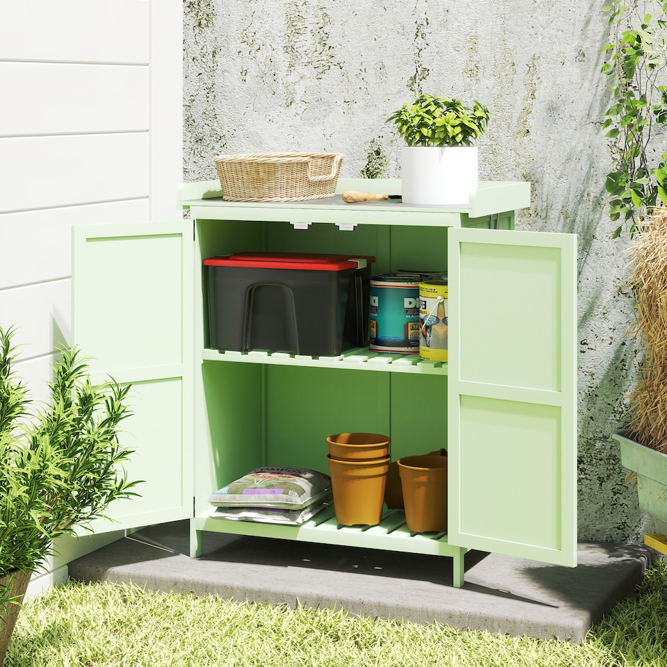 image 1 of Outsunny Wooden Garden Shed, Garden Tool Storage Shed with Hinged Roof and Shelf, Outdoor Storage Cabinet with Double Doors, Light Green