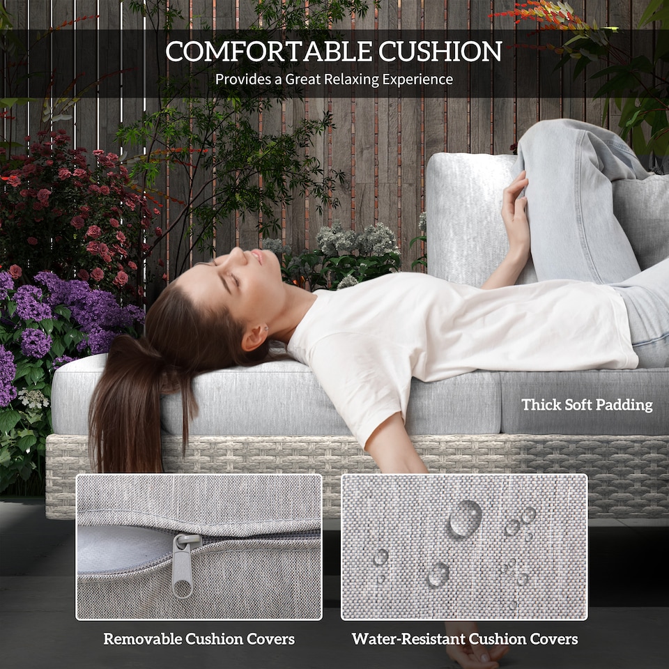 image 1 of Outsunny 3pc Rattan Wicker Sofa Set with Tea Table & Cushions