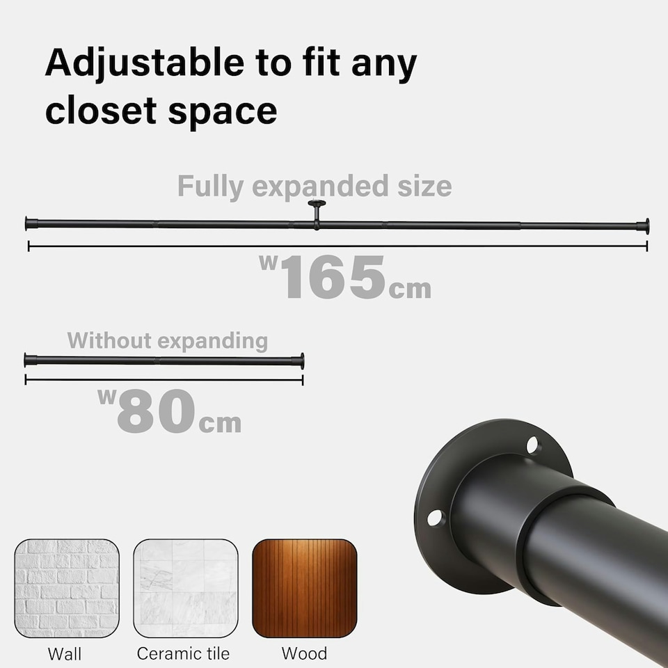 image 1 of Extendable Wardrobe Clothes Rail Rod Pole Black Stainless Steel Adjustable Store - Large (80-165cm) Black