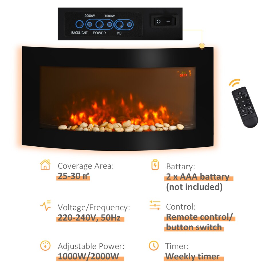 image 1 of HOMCOM Led Wall Mounted Fireplace Curved Glass Electric Fire Place Fire Place 7 Colour Side Lights Slimline, 10002000W, 89.2cm  48cm