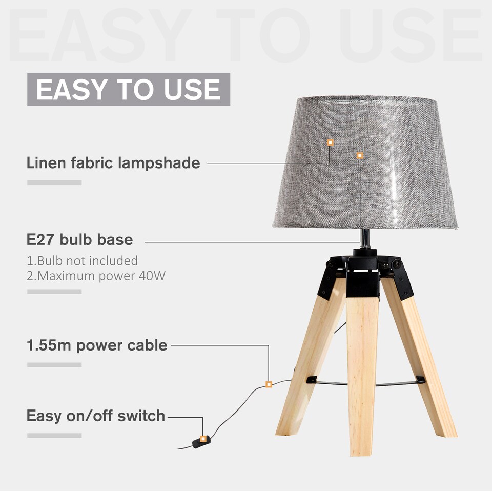 image 1 of HOMCOM Wooden Tripod Table Lamp for Side, Desk or End Table with E27 Bulb Base Grey Shade