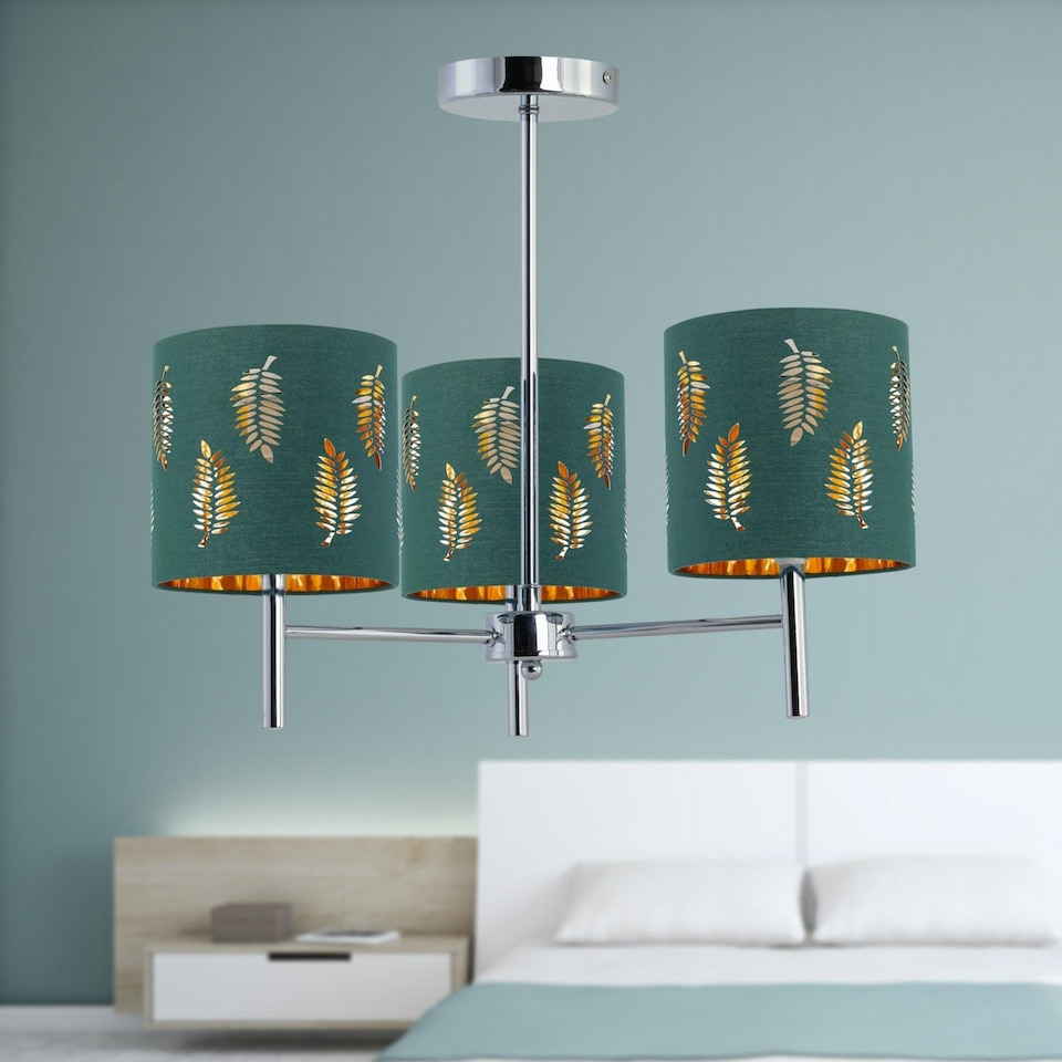 image 1 of Set of 2 Brea - Chrome 3 Light Fittings with Dark Green Fern Shades Chrome | Green