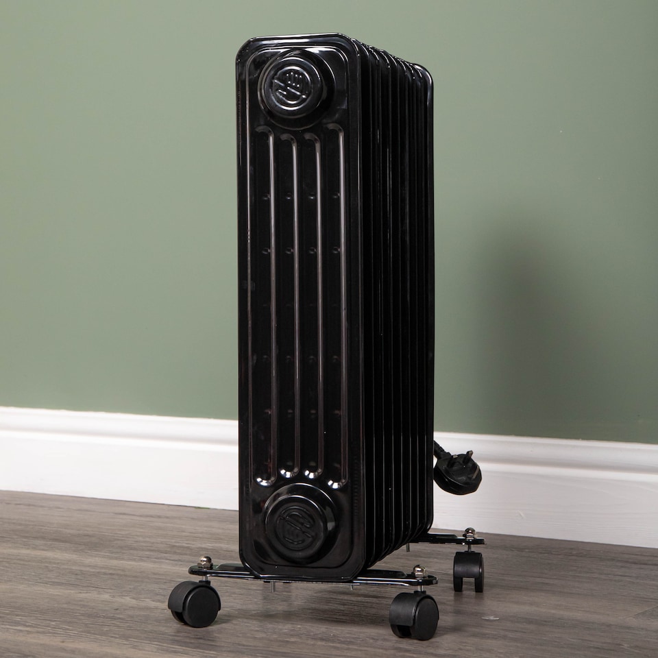 image 1 of 2000w 2kw 9 Fin Slimline Black Oil Filled Radiator Heater with Adjustable Thermostat