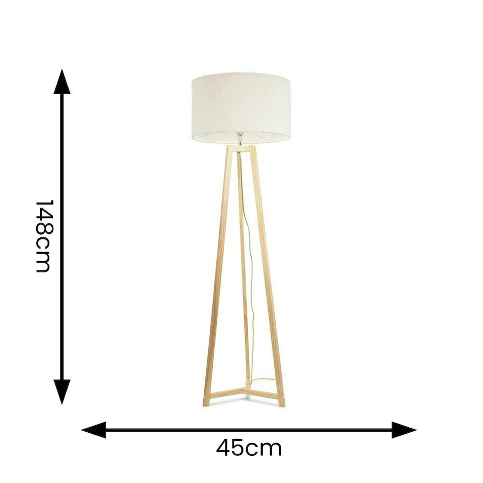 image 1 of ValueLights Lottie Natural Wood Tripod Floor Lamp with Cream Boucle Drum Shade