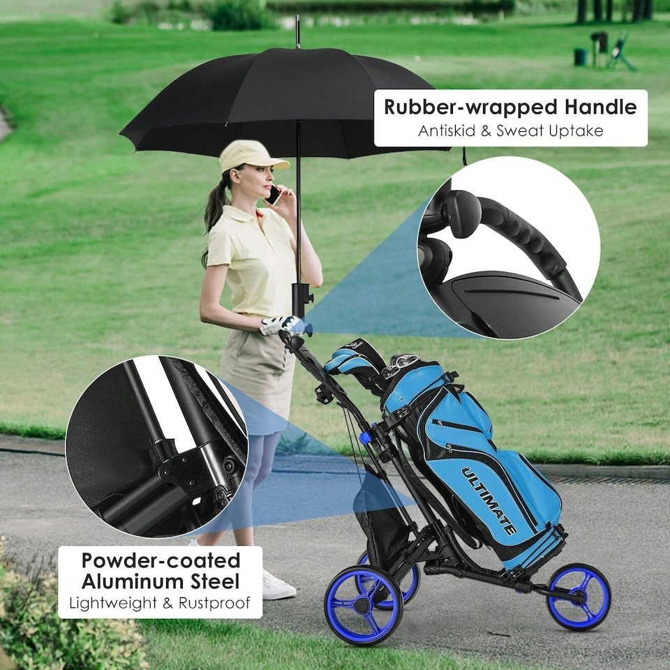 image 1 of COSTWAY 3 Wheel Golf Push Cart Folding Golf Holder Blue