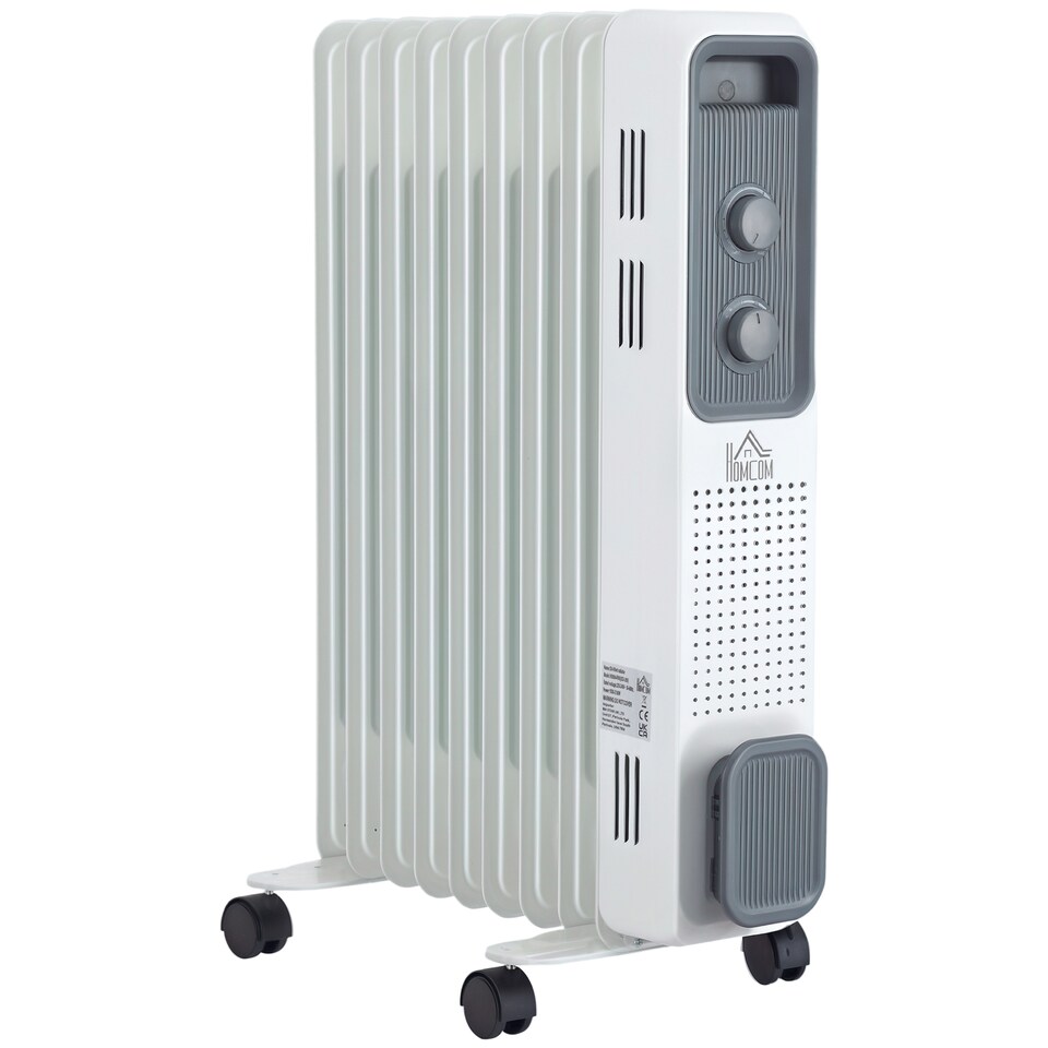 image 1 of HOMCOM 2000W Oil Filled Radiator, 9 Fin, Portable Electric Heater with 3 Heat Settings, Safety Cut-Off and Wheels, White