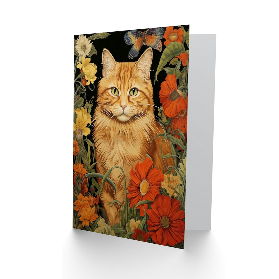 image 1 of Cat Lover Ginger Tabby in Spring Flower Garden Floral Greeting Card