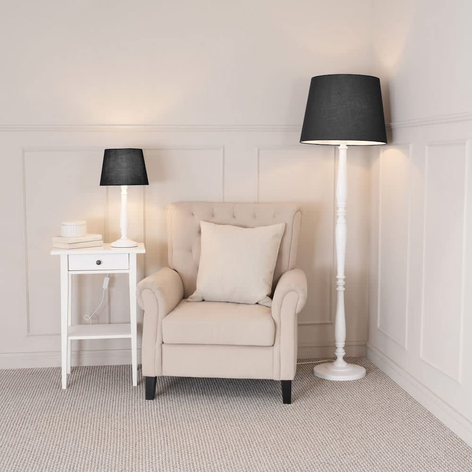 image 1 of ValueLights Victoria White Wood Floor Lamp Black Taper Shade and Bulb